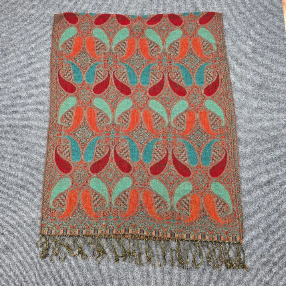 Paisley Pashmina Shawl Wrap Orange Teal Red Woven Fringed Scarf Rectangular